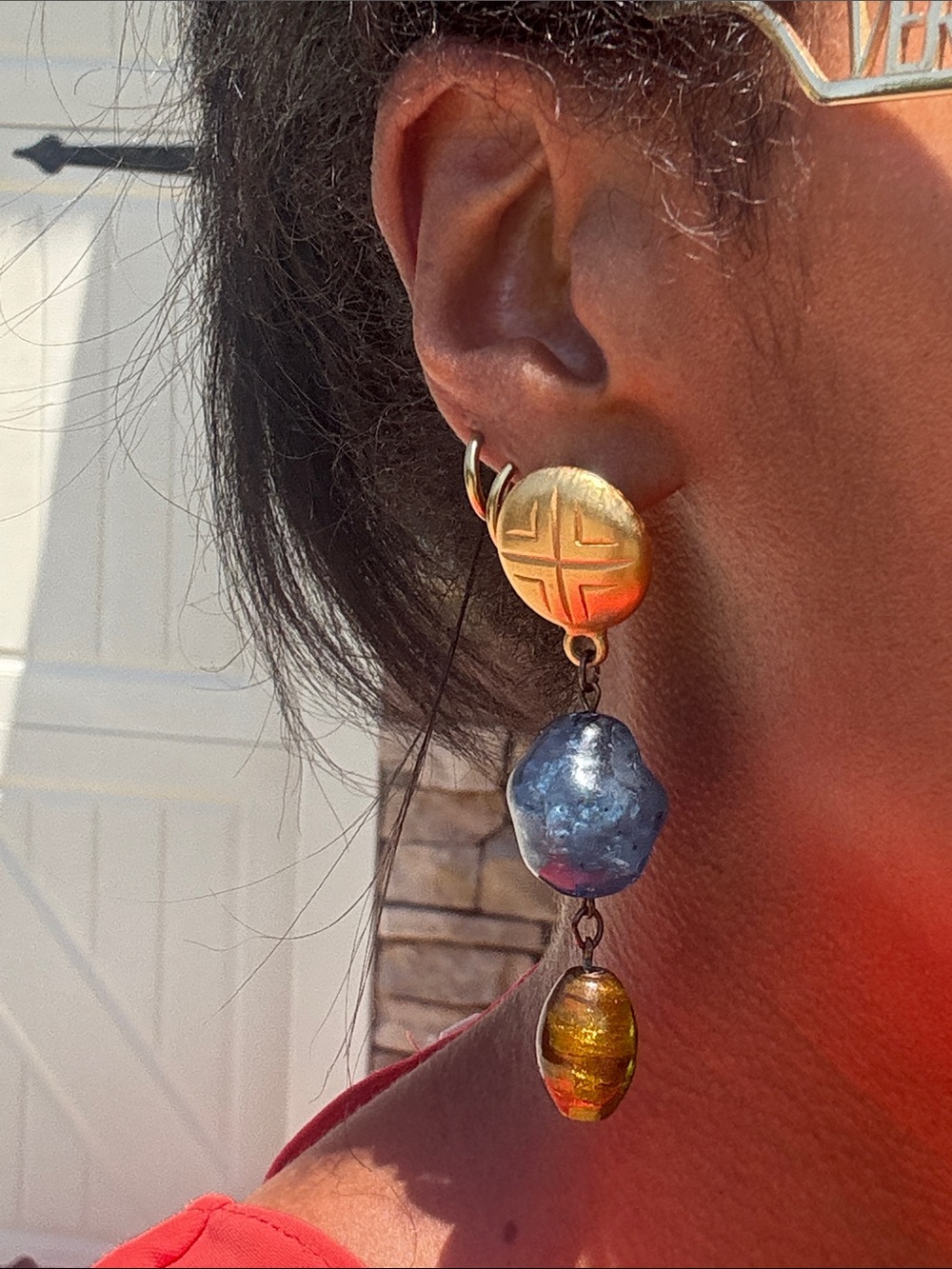 Vintage Gold and Blue Drop Dangle Pierced Earrings